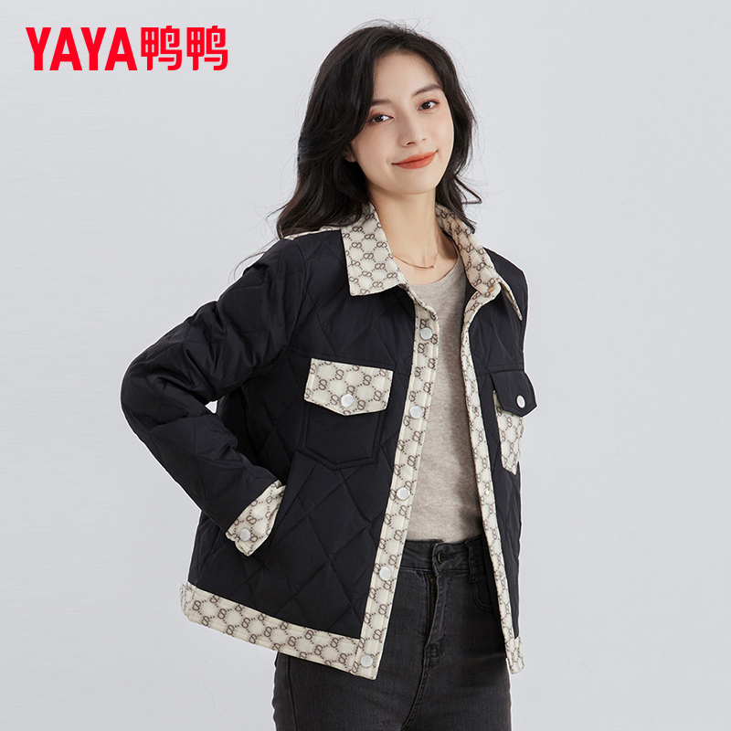 YAYA/鸭鸭2023年新款女装休闲百搭拼接冬季女士时尚小香风羽绒服