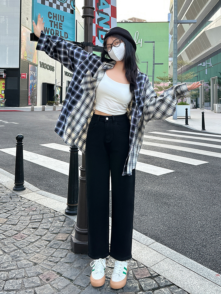 【XW-HOME】2023秋冬新款黑色直筒牛仔裤女高腰显瘦哈伦男友裤微胖