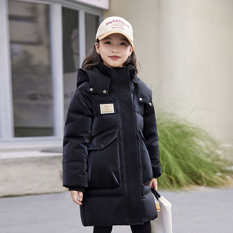 2023年女童免洗羽绒服白鸭绒加绒加厚款连帽中大童羽绒服亲子装