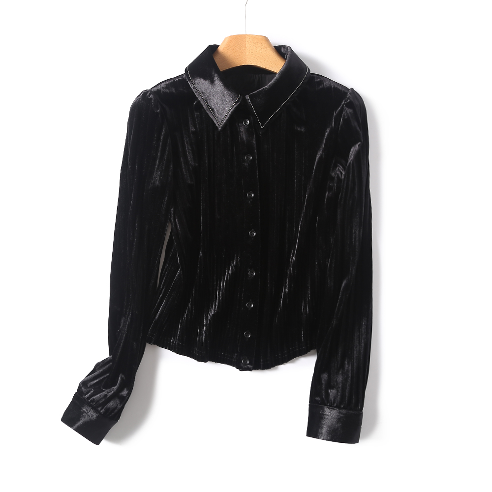 门店1699！创新丝绒压褶！遮肚V摆短款长袖衬衫 W5501 女装 V241