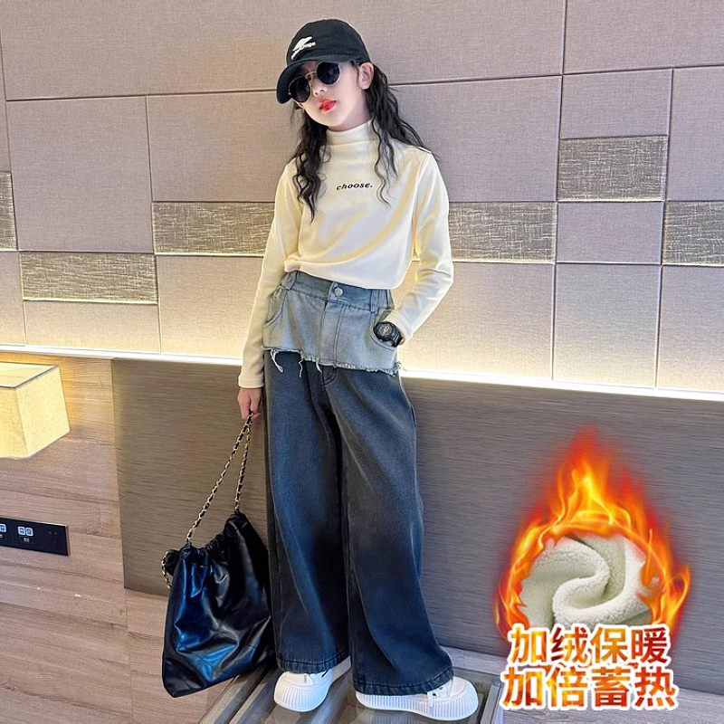 蓄热宽松女童裤子秋冬款2023新款儿童洋气直筒裤女大童加绒牛仔裤