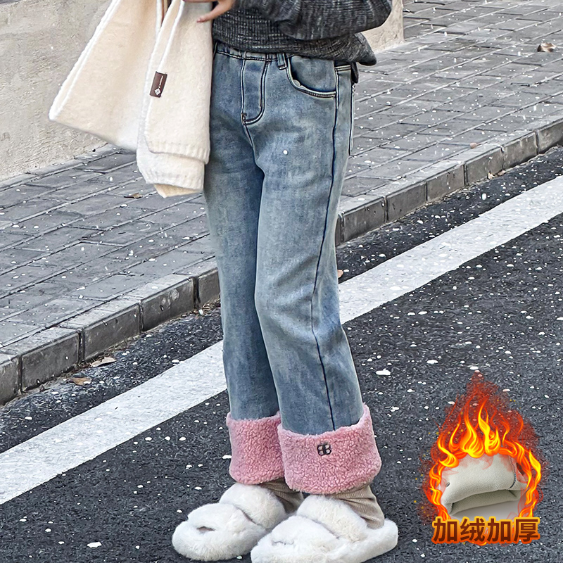 女童加绒裤子秋冬款2023新款小童加厚牛仔裤儿童冬装一体绒休闲裤