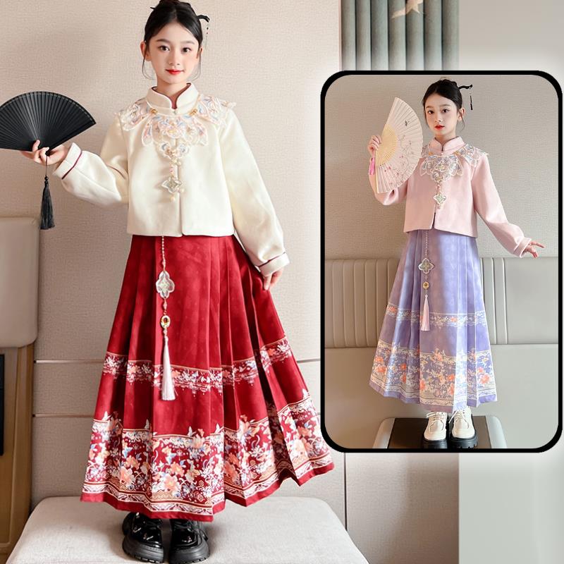 汉服女童冬款加厚长袖马面裙套装秋冬2023新款中大童中国风连衣裙