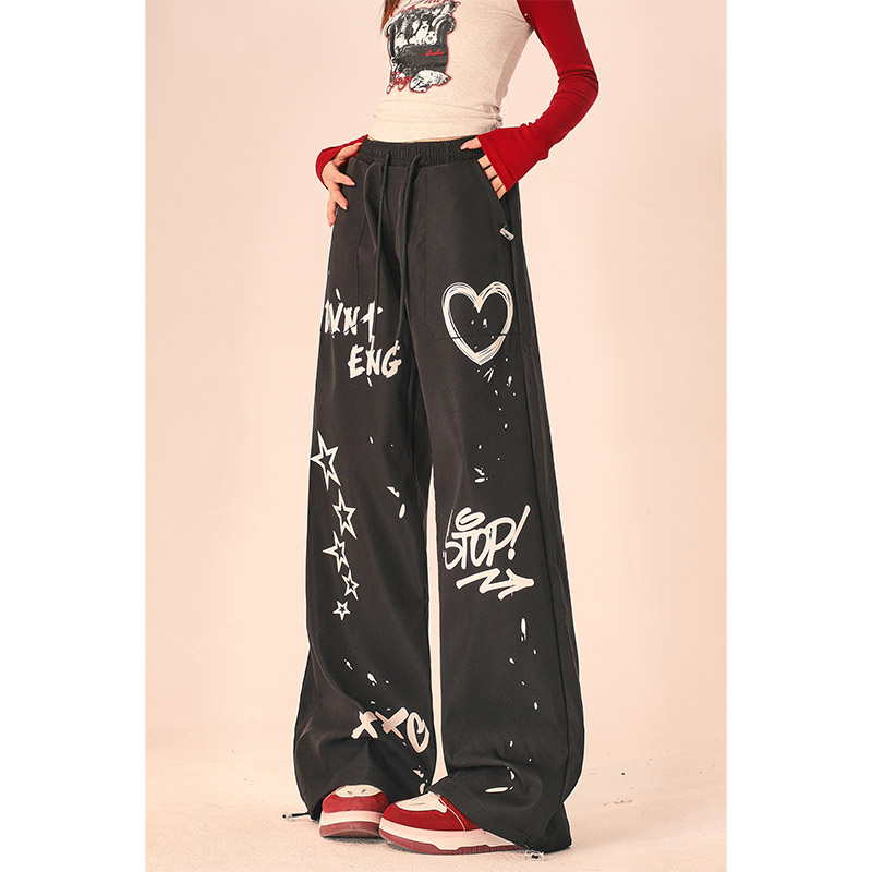 自然涩黑色涂鸦休闲裤女春秋季美式垂坠感宽松直筒拖地阔腿长裤子