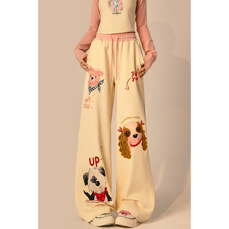 自然涩小狗印花休闲卫裤女春秋季小个子直筒窄版阔腿糯米裤子冬季
