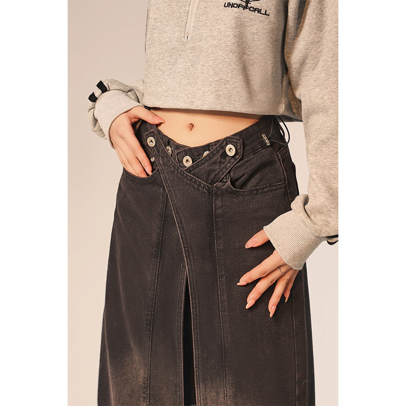 自然涩黑色解构设计感牛仔裤女春秋季显瘦多穿法宽松阔腿大码裤子