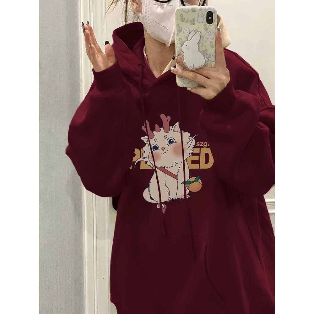 酒红色美式复古龙年本命年连帽卫衣女秋冬加绒加厚国潮牌大码外套