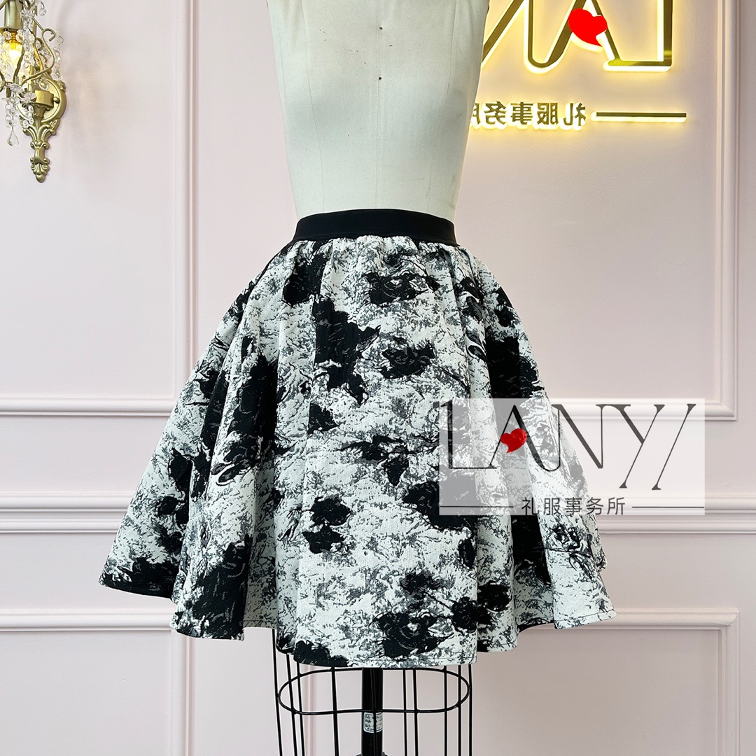 LANYI水墨松紧腰插袋提花伞裙半裙时尚礼服重工