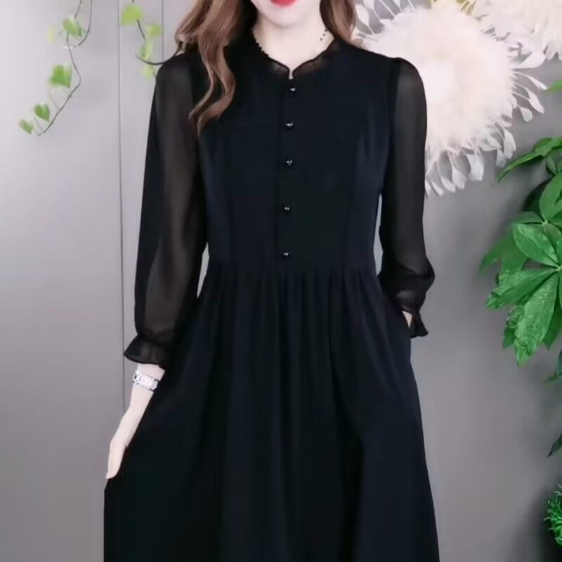 2023四面弹连衣裙女春秋季新款休闲百搭洋气遮肚显瘦中长休闲裙子