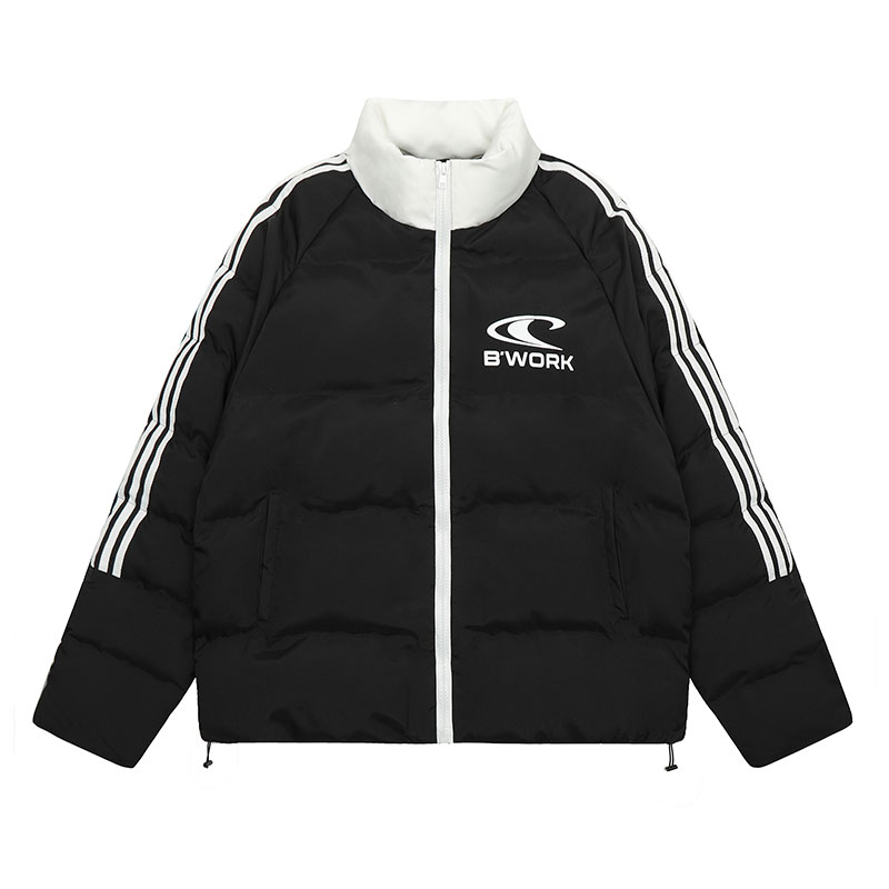 MAKAA 国潮美式拼色条纹字母棉衣棉服男女秋冬情侣加厚面包服外套