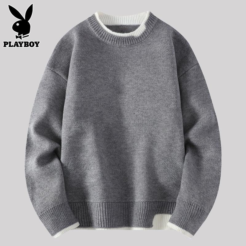 PLAYBOY圆领毛衣男士针织衫秋冬新款潮牌休闲假两件打底线衣服男
