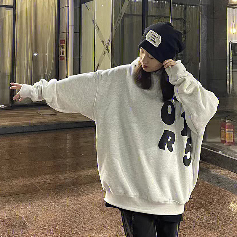 新品国潮美式多字母印花帽衫秋冬加绒宽松重磅连帽运动衫情侣加厚