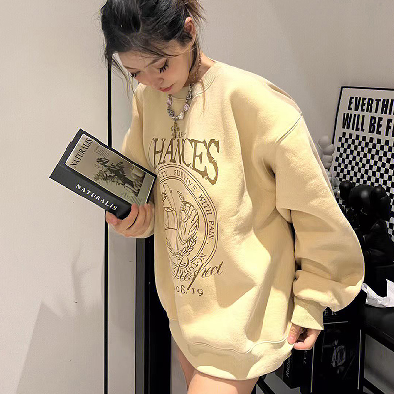 秋冬新款oversize美式复古徽章印花潮牌宽松加绒圆领卫衣男女情侣