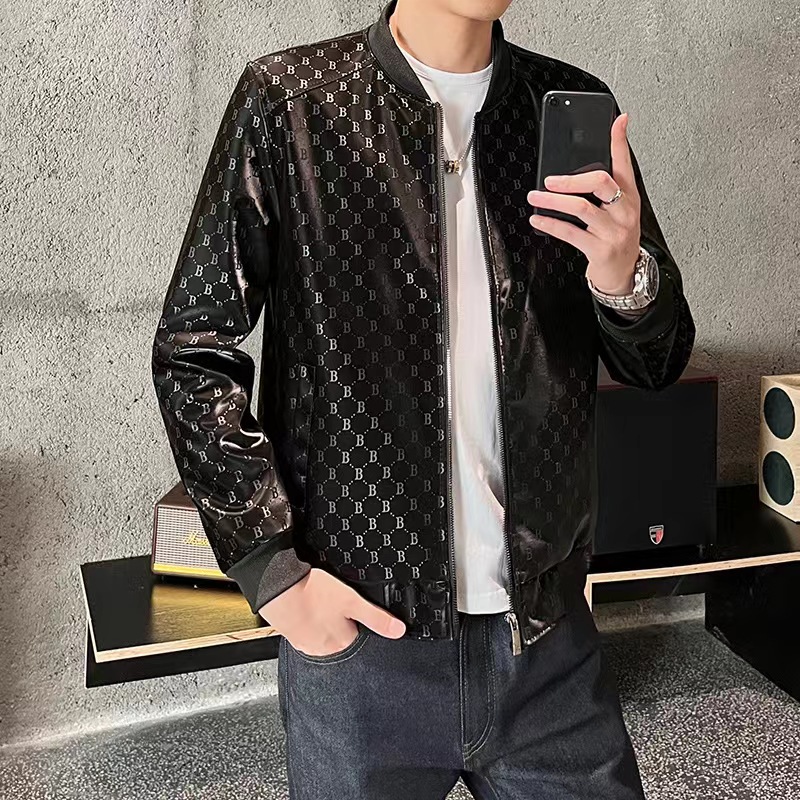 88966男士棒球领亮面皮衣夹克秋季新款休闲百搭PU皮外套男B896