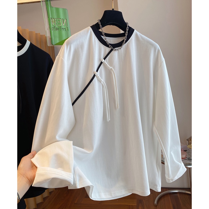 2024早春新款新中式轻国风盘扣长袖t恤女圆领白色打底衫禅意上衣