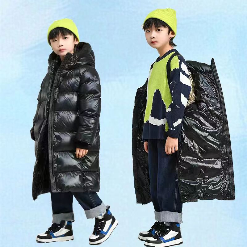 巴拉恩女童中长款羽绒服加厚外套连帽中大童黑金款男女款冬季韩版