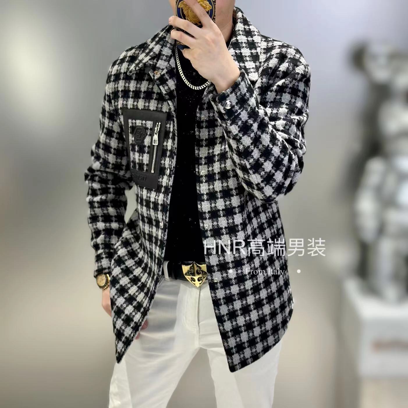 格子拉链装饰口袋新款高端男士轻奢时尚潮流休闲百搭羊毛夹克