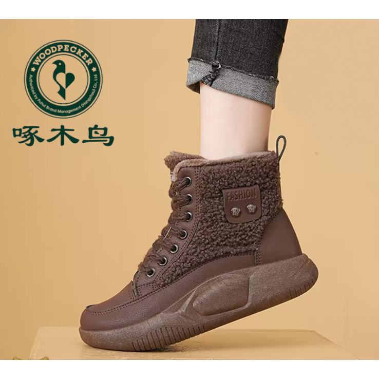 啄木鸟正品厚底棉鞋女2023年冬季新款加绒高帮鞋软底休闲保暖短靴