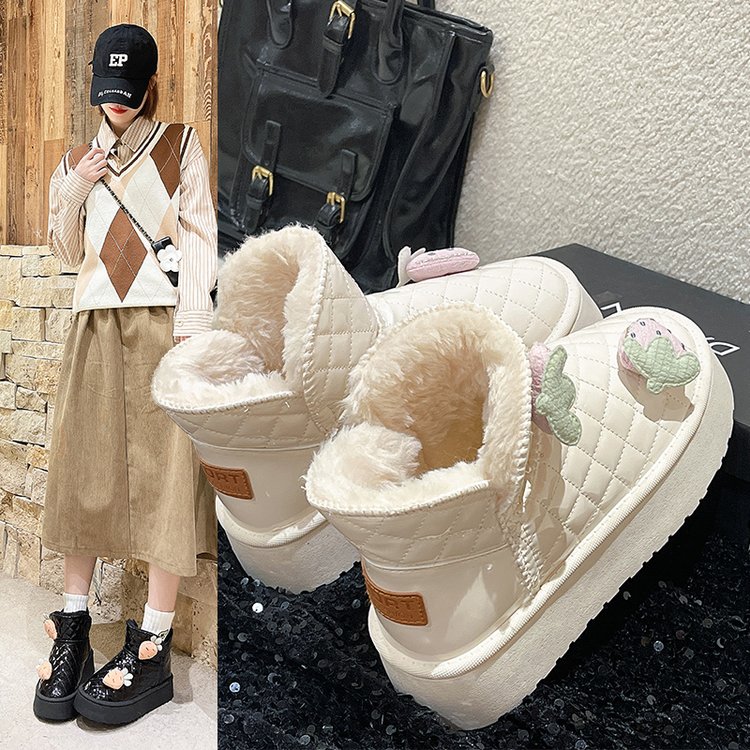 红蜻蜓牌一脚蹬棉鞋秋冬百搭加绒短靴雪地靴女面包鞋2024新款东冬