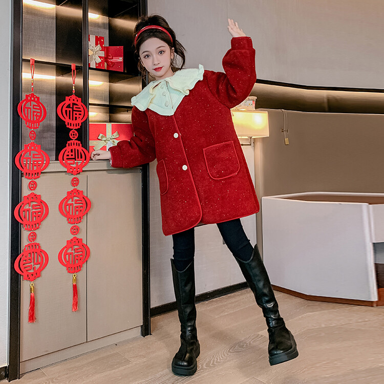女童外套加绒秋冬装2023新款大童加厚红色呢子大衣拜年服女孩上衣