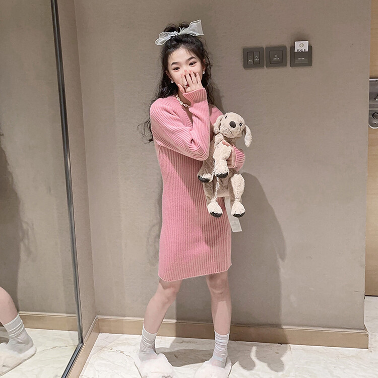 过膝女童宽松连衣裙秋季新款韩版中大童长袖针织裙洋气毛衣长裙子