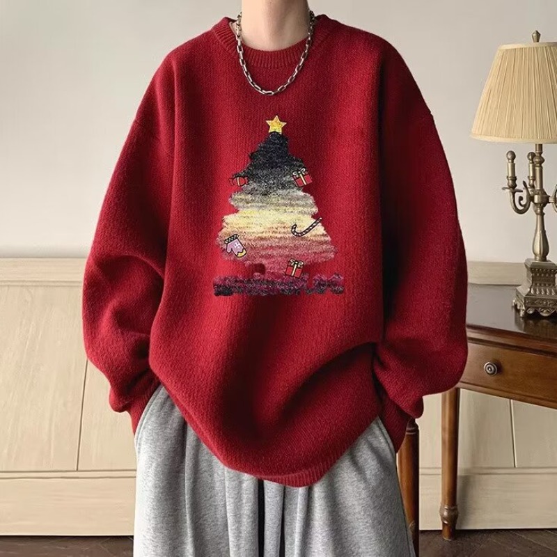秋冬圣诞节国风红色毛衣男士美式复古慵懒风休闲针织衫情侣宽松