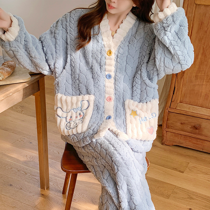 提花绒月子服秋冬季玉桂狗加绒加厚大码孕妇睡衣产妇产后喂奶套装