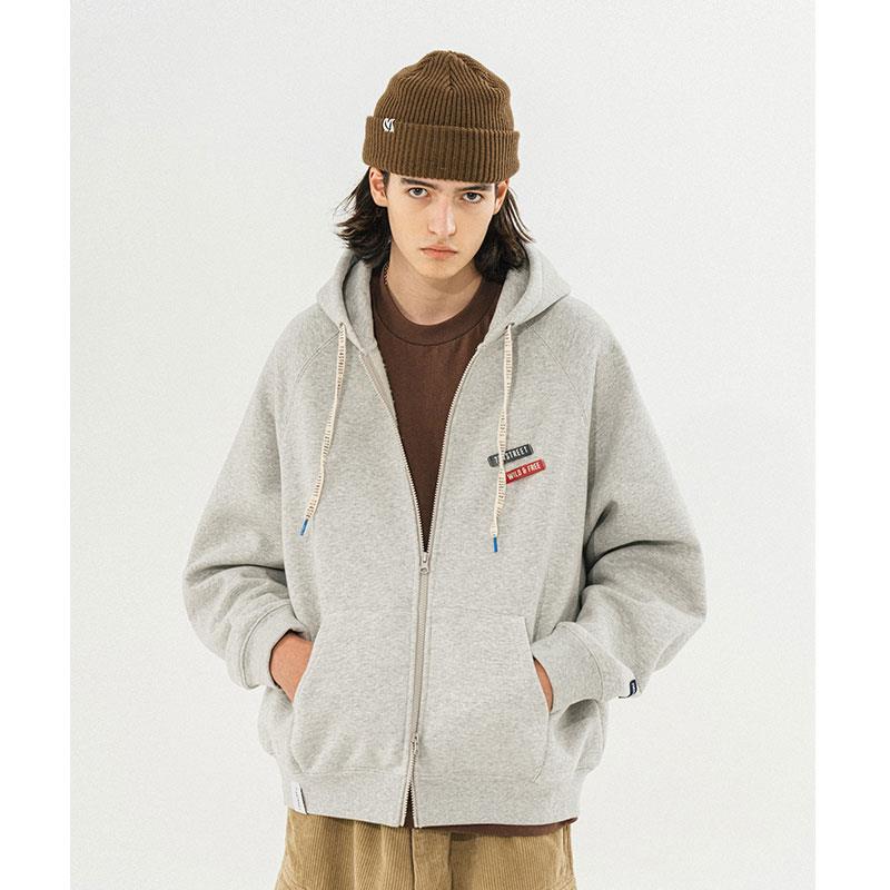 714street春秋款开衫双拉链宽松百搭连帽外套加绒加厚日系221323