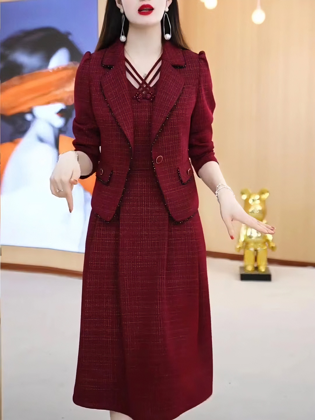 连衣裙西服两件套女2023秋冬新款洋气显瘦百搭套装裙