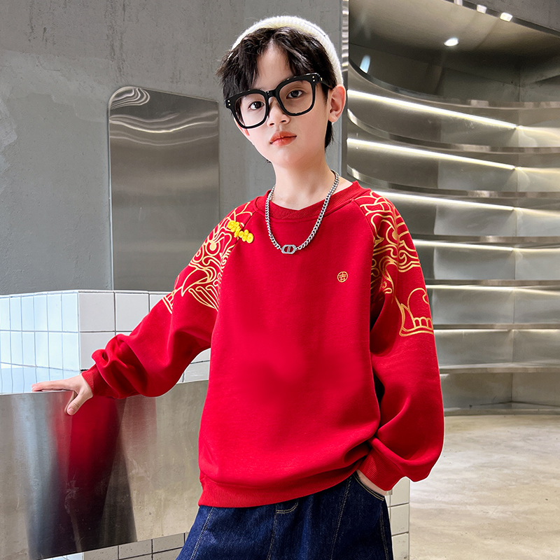 儿童装男童卫衣加绒加厚冬季2023新款男孩红色大童龙年本命年衣服