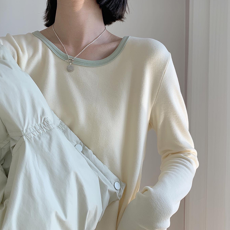 奶油拼色磨毛德绒自发热上衣女秋冬季加厚保暖圆领百搭长袖内搭