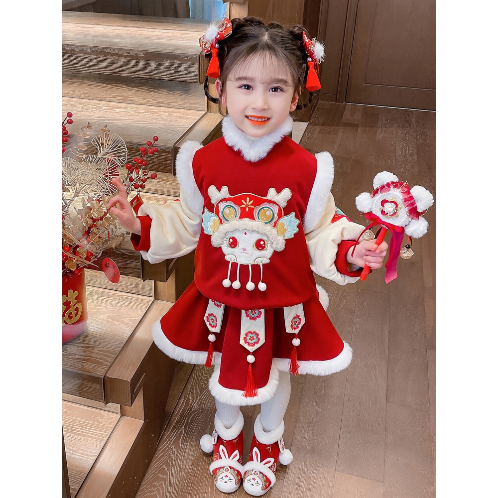 现货女童拜年服套装夹棉加厚2024龙年新款表演服宝宝唐装儿童过年