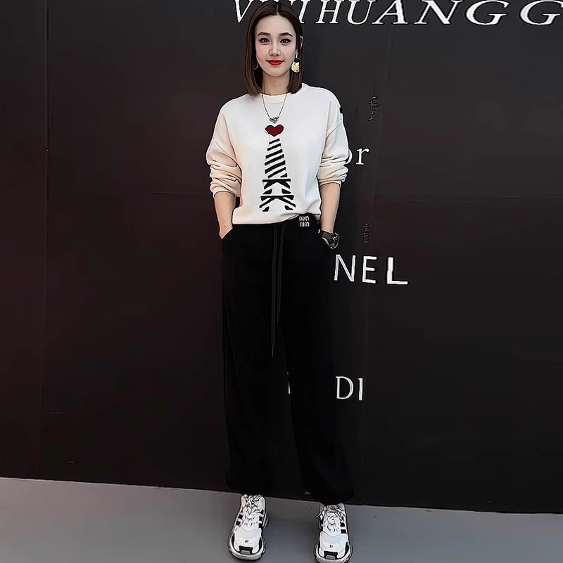 季涧时尚气质卫衣休闲套装秋冬潮牌撞色印花圆领卫衣束脚裤两件套