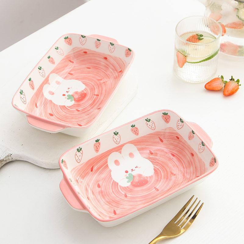 【草莓兔烤碗】一个装~9英寸长方双耳烤盘芝士焗饭盘水果沙拉碗
