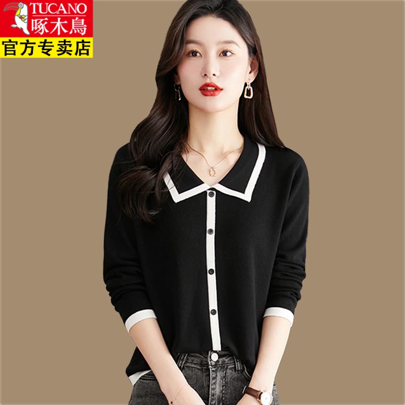 啄木鸟娃娃领毛衣女秋冬羊毛衫宽松2023年新款短款洋气小香风针织