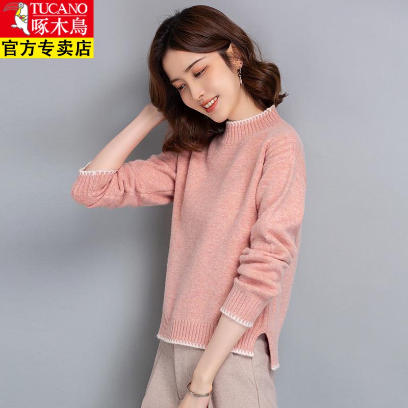 啄木鸟啄木鸟半高领毛衣女冬季加厚小个子短款上衣2023新款羊毛打