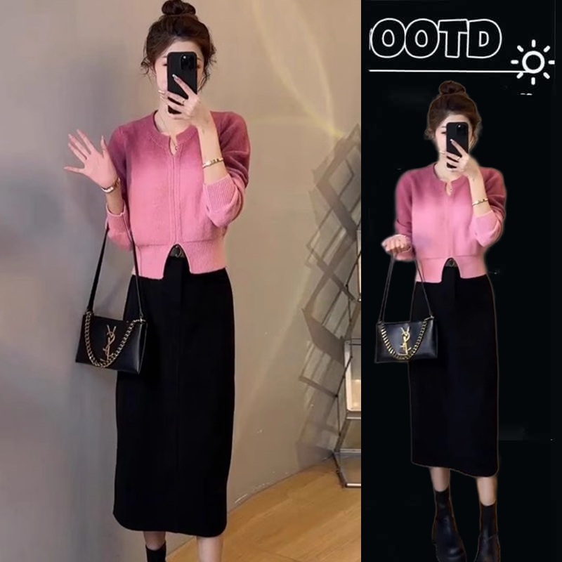 秋冬装搭配一整套法式桔梗小香风渐变色针织毛衣半身裙两件套装女