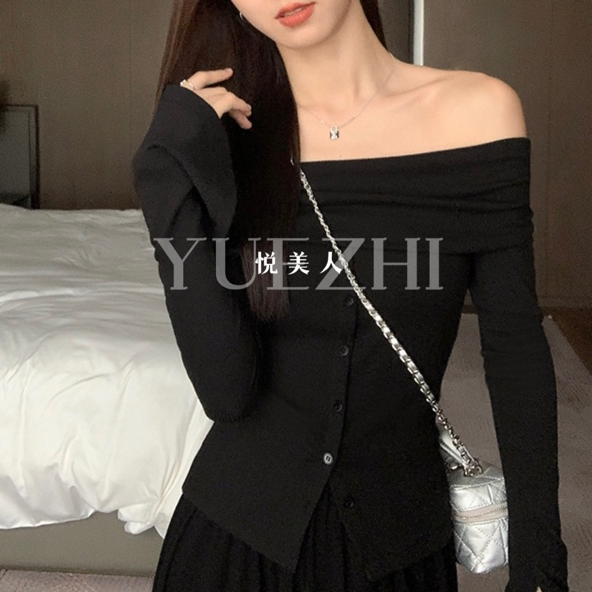 【悅製YUEZHI】纯欲风 A-00911早秋时尚气质设计师一字肩修身上衣