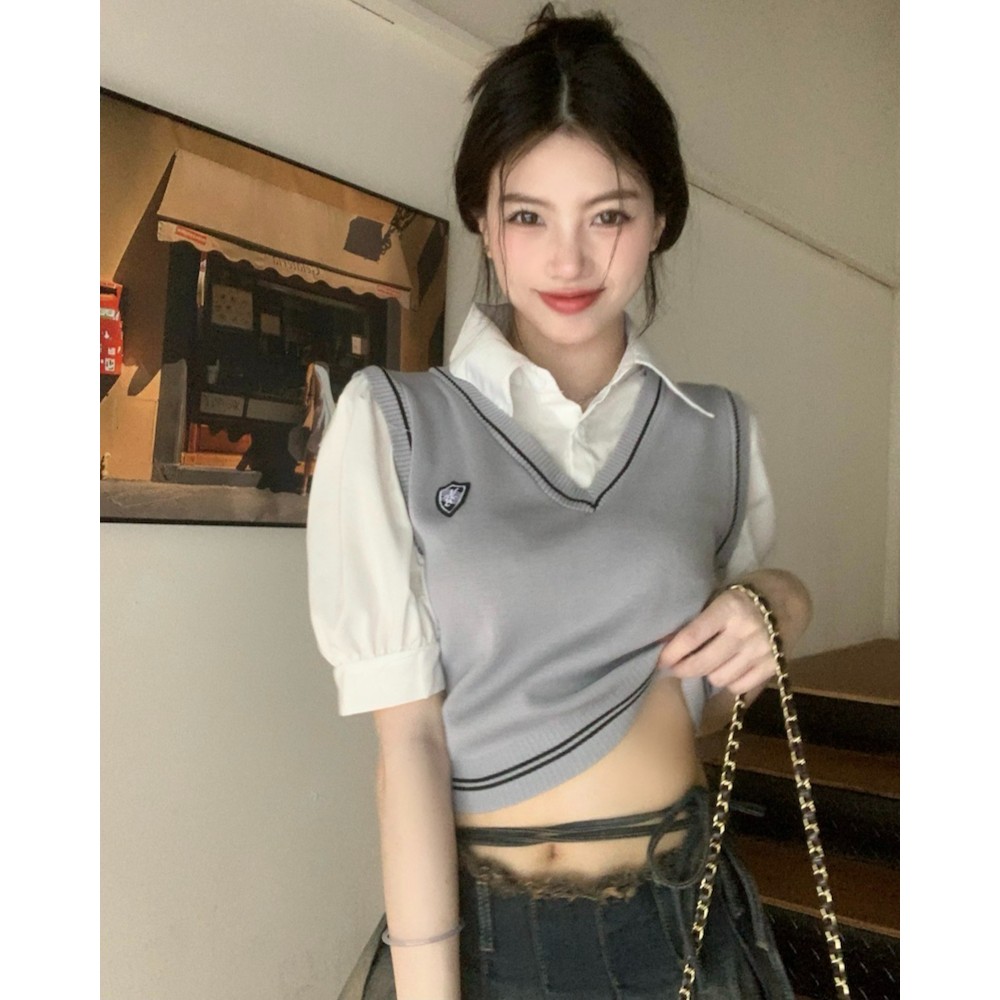 假两件Polo领衬衫女2023年夏季小众设计感泡泡袖拼接针织马甲背心