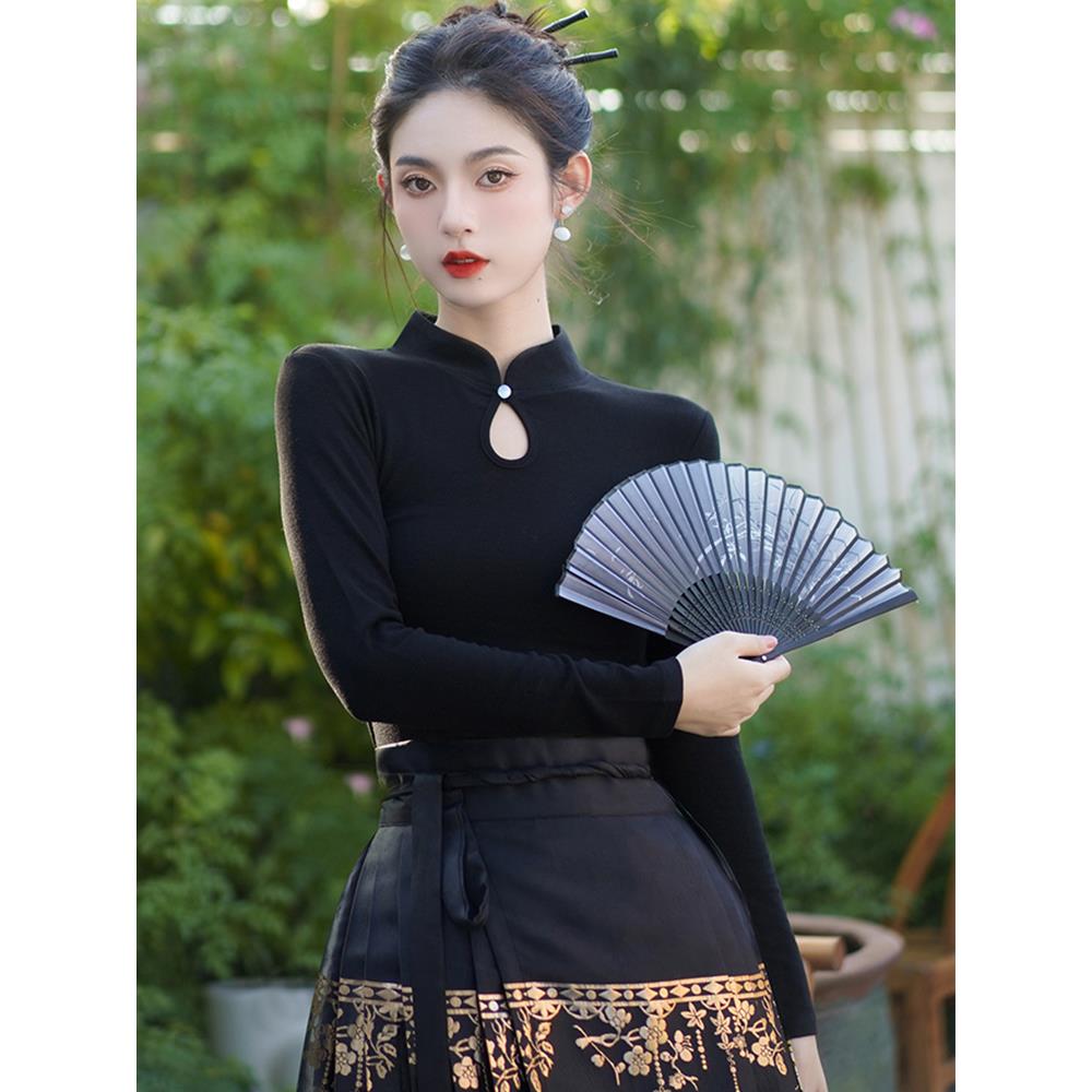 马面裙搭配的T恤2023年秋新中式国风汉服女装日常通勤汉元素上衣
