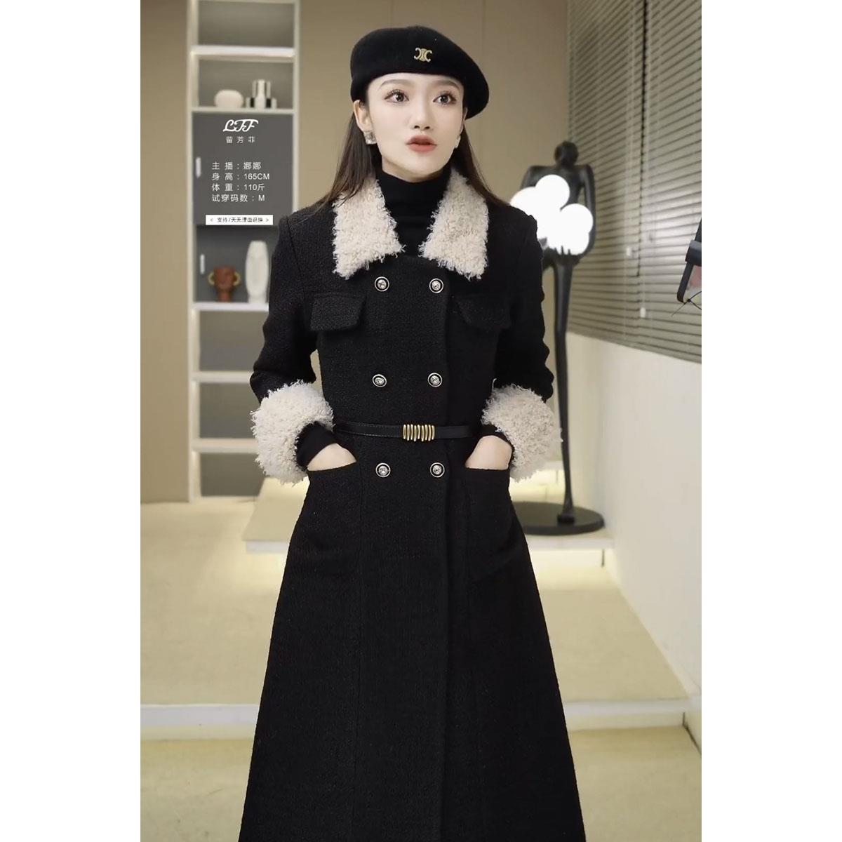 法式高级感毛绒小香风外套女2023冬气质收腰显瘦双排扣呢子长大衣