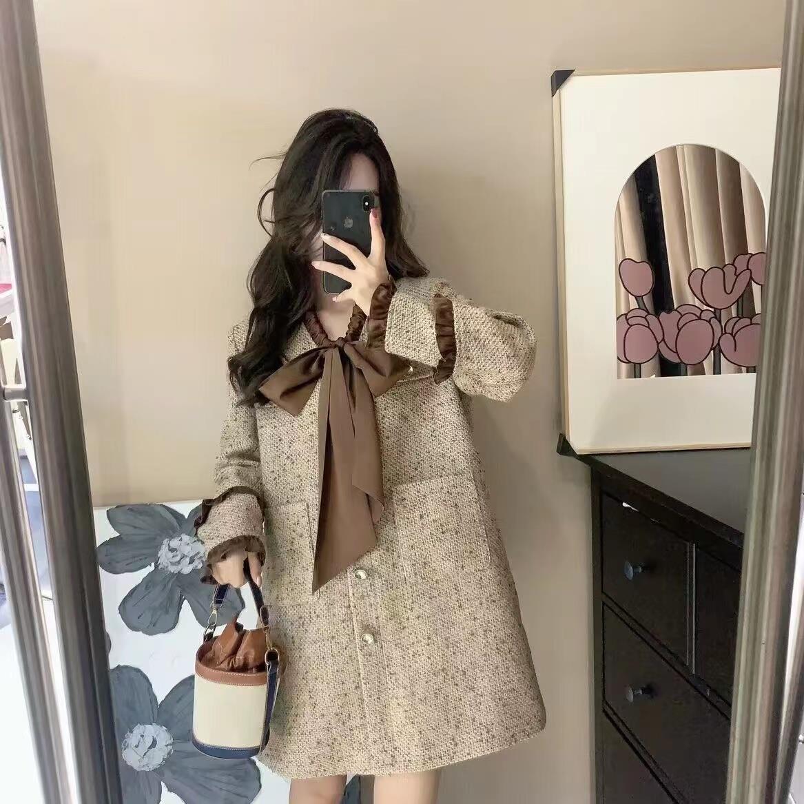 大码胖mm法式小香风连衣裙2023秋冬高级感气质复古时尚百搭外套裙