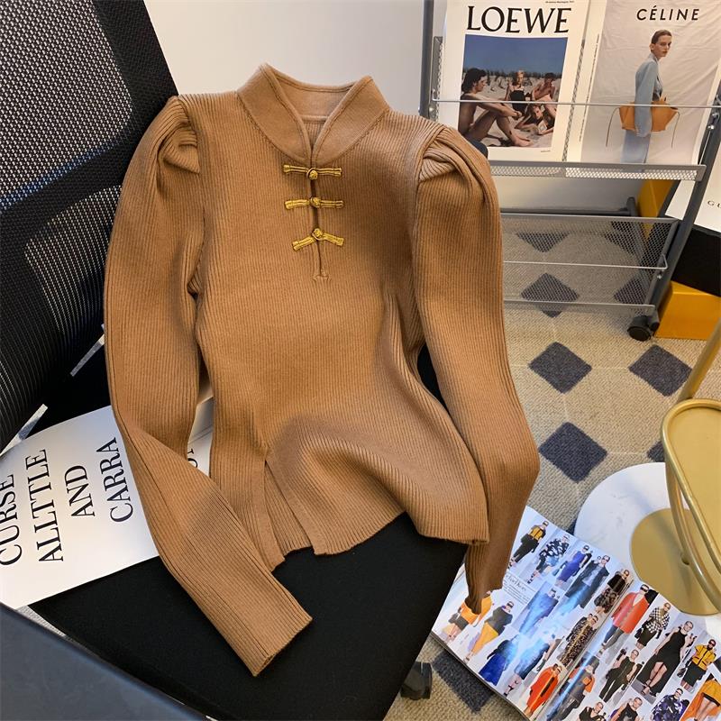 新中式盘扣立领针织衫女秋季慵懒风修身显瘦上衣高级感内搭打底衫