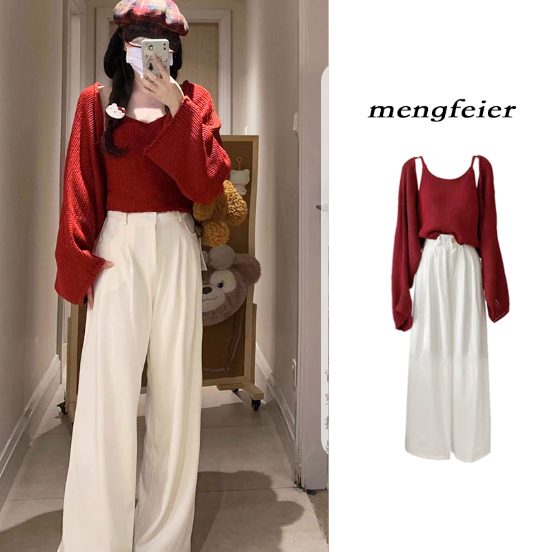 酒红色针织开衫女2023秋季吊带背心披肩毛衣两件套韩版宽松短上衣
