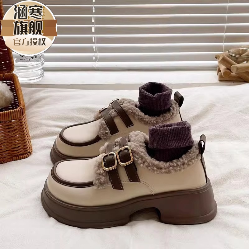 厚底小皮鞋女英伦风复古2023秋冬加绒毛毛鞋玛丽珍乐福鞋圆头日系