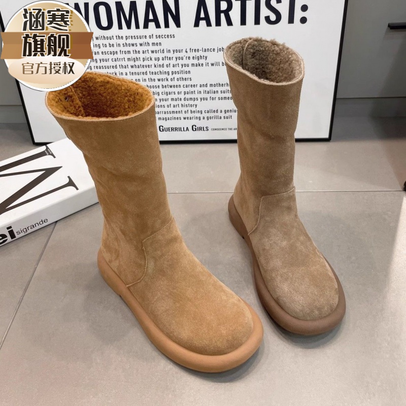 欧货爆款纯皮两穿翻边平跟中筒靴女冬翻毛百搭加绒雪地靴保暖棉靴