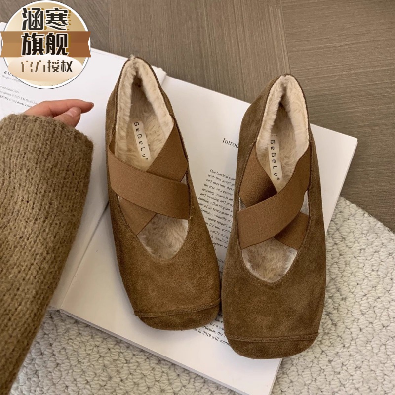 豆豆鞋女冬加绒加厚2023森系复古松紧带圆头棉鞋女平底玛丽珍单鞋