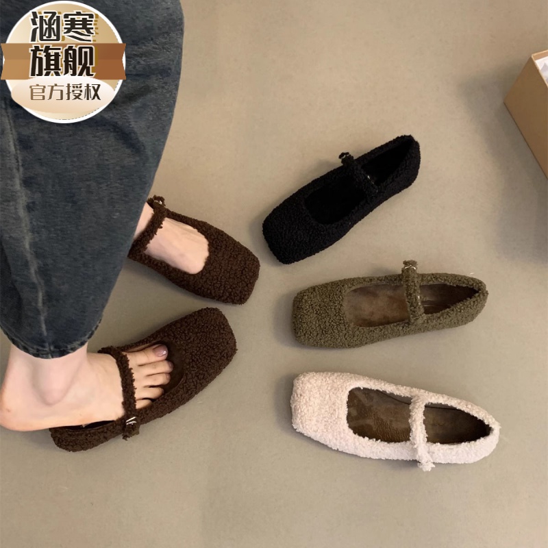 法式气质仙女毛毛鞋女外穿2023新款秋冬方头平底加绒玛丽珍鞋复古