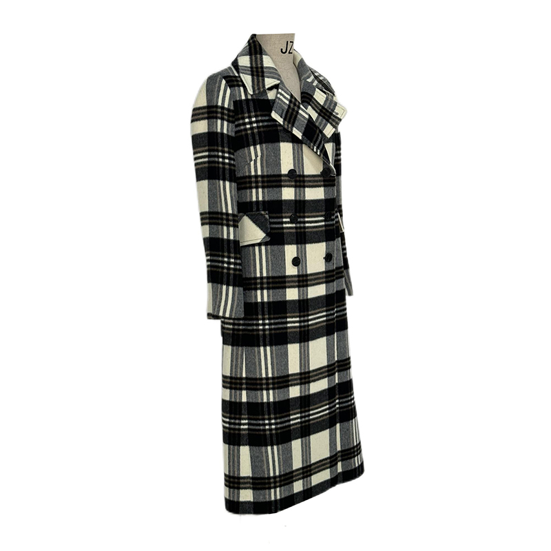 YD22076-1精纺羊毛黑白格新年特价款女士格纹风衣时尚气质中长款