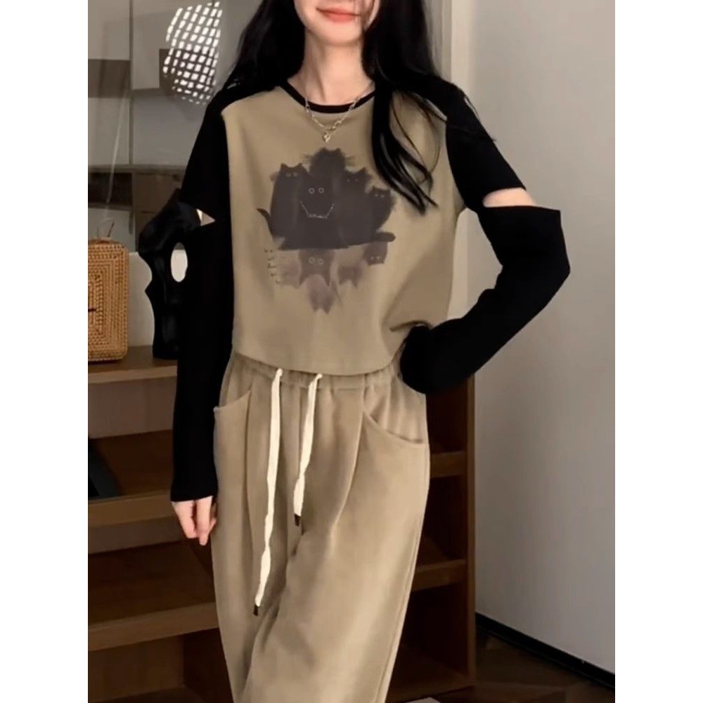 纯欲辣妹撞色长袖T恤女春秋美式复古小心机打底衫短款上衣设计感